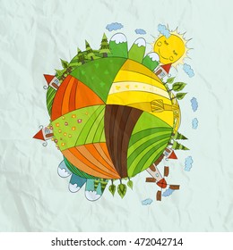 Hand Draw Vector Cartoon Planet. Nature Countryside Background Vector Design.