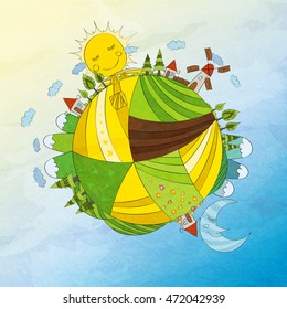 Hand Draw Vector Cartoon Planet. Nature Countryside Background Vector Design.