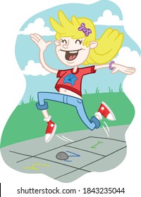 Hand Draw Vector Cartoon Young Girl Playing Hopscotch With Background