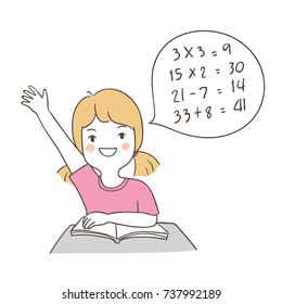 Hand Draw Vector Character Design Happy Girl Hand Up In Classroom For The Answer Of Math.Doodle Cartoon Style.