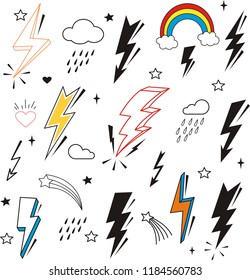 Hand draw vector collection  of lightning on paper background  