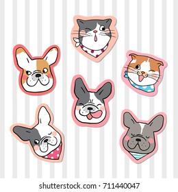 Hand draw vector collection sticker head of cat and dog pastel color.Doodle cartoon style.