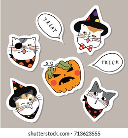 Hand draw vector collection sticker head of cat for Halloween day different emotions.Doodle cartoon style.