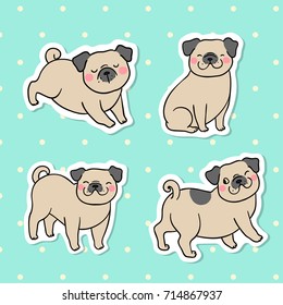 Hand draw vector collection sticker of pug dog on green pastel color.Doodle cartoon style.