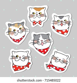 Hand draw vector collection sticker head of funny cat with beauty scarf for Christmas day and New year.Doodle cartoon style.