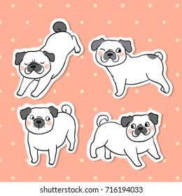 Hand draw vector collection sticker of pug dog on sweet pastel color.Doodle cartoon style.