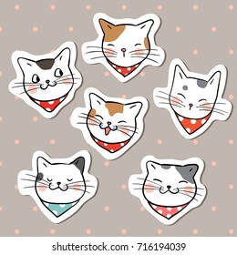 Hand draw vector collection sticker head of funny cat on brown pastel color.Doodle cartoon style.