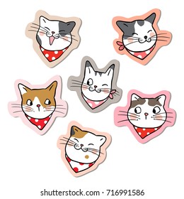 Hand draw vector collection sticker head of funny cat on white color.Doodle cartoon style.