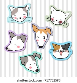 Hand draw vector collection sticker head of cute dog and cat on pastel color.Doodle cartoon style.