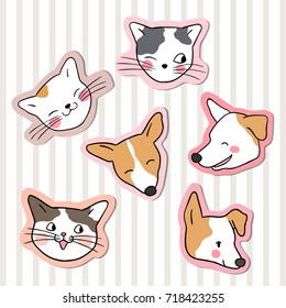 Hand draw vector collection sticker head of funny dog and cat on pastel color.Doodle cartoon style.
