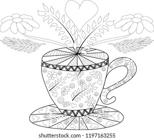 Hand draw vector coloring book for adult. Teatime. Cups of tea, fruits and flowers