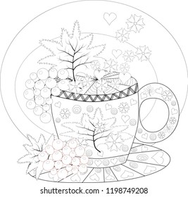 Hand draw vector coloring book for adult. Teatime. Cups of tea, fruits and flowers