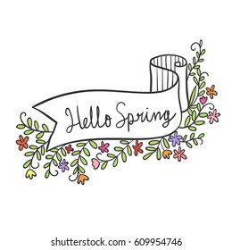 Hand draw vector design ribbon and flower frame for spring season.