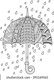 Hand draw vector doodle coloring page for adult. I love Autumn.  An Umbrella and Leaves. Fashion Umbrella Style