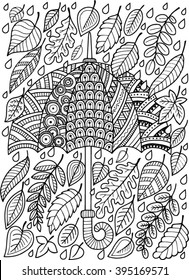 Hand draw vector doodle coloring page for adult. I love Autumn.  An Umbrella and Leaves.  Fashion Umbrella Style