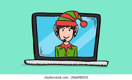 Hand draw vector doodle of Elf customer service support on laptop screen. Colorful illustration in sketch style.