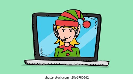 Hand draw vector doodle of Elf girl with headphones on laptop screen. Colorful illustration in sketch style of customer service support.