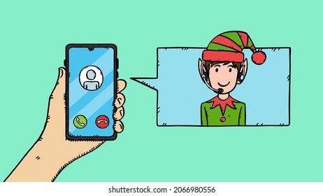 Hand draw vector doodle of hand, holding mobile phone with Elf customer service on call. Colorful illustration in sketch style.