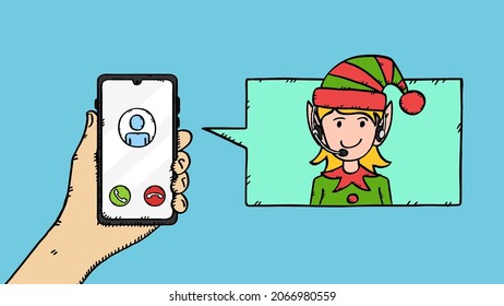 Hand draw vector doodle of hand, holding mobile phone with Elf girl from christmas customer service on call. Colorful illustration in sketch style.