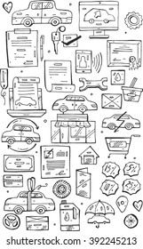 Hand draw vector Doodle icons set.Selling cars on internet and in car stores.Design doodle elements for banner,  flayer, business, card, poster.