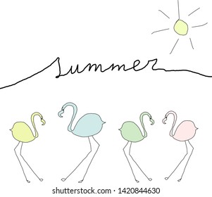 Hand draw vector flamingos, colored with summer handwritten text.