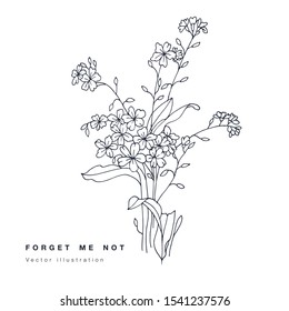 Hand draw vector forget ma not flowers illustration. Floral wreath. Botanical floral card on white background