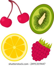 Hand draw vector fruits kiwi lemon cherry raspberry