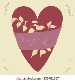hand draw vector heart with ribbon and leaves