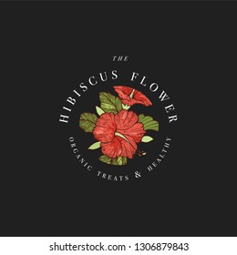 Hand draw vector hibiscus flowers logo illustration. Floral wreath. Botanical floral emblem with typography on black background