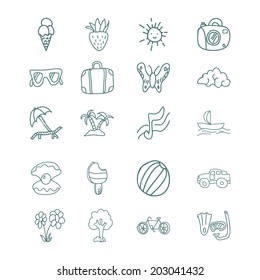 Hand draw vector icons set. ice cream ball umbrella suitcase glasses butterfly sun smile cloud boat cycle snorkeling mask pearl shell tree summer