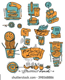 Hand draw vector icons set of business lunch in sketch style in two colors orange and blue.Food and drink with business tools illustration.