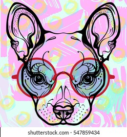 Hand draw vector illustration in acid colors  Head funny puppy boston terrier  Can used for tattoo  logo  promotional products  goods for pets 