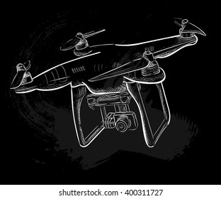 Hand draw vector illustration  aerial vehicle (quadrocopter). Air drone hovering. Drone sketch