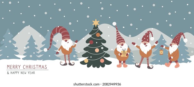 Hand draw vector illustration banner with cute gnomes in snow forest and Christmas tree. Merry Christmas and Happy New Year. Scandinavian trendy style.