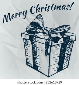 Hand Draw Vector Illustration of Christmas Card with Gift for Design, Website, Background, Banner. Frame NEw Year Texture Template