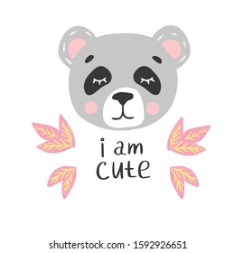 Hand draw vector illustration in cute style panda face. Modern concept of flat desing, carton character for kids, babies fashon, banners and invitations.