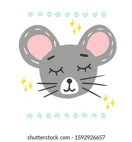 Hand draw vector illustration in cute style mouse face. Modern concept of flat desing, carton character for kids, babies fashon, banners and invitations.