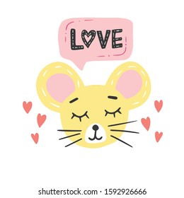 Hand draw vector illustration in cute style mouse face. Modern concept of flat desing, carton character for kids, babies fashon, banners and invitations.