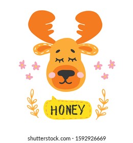 Hand draw vector illustration in cute style moose face. Modern concept of flat desing, carton character for kids, babies fashon, banners and invitations.