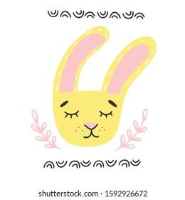 Hand draw vector illustration in cute style bunny face. Modern concept of flat desing, carton character for kids, babies fashon, banners and invitations.