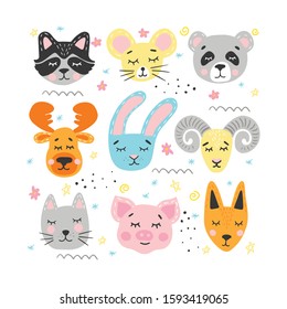 Hand draw vector illustration in cute style animals  face. Modern concept of flat desing, carton character for kids, babies fashon, banners and invitations.