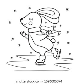 Hand draw vector illustration cute bunny ice skating in winter. Modern concept of flat desing, carton character for kids, babies fashon, banners and invitations.