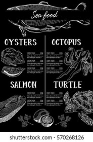 Hand draw vector illustration, design for a seafood restaurant menu. 