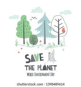 Hand draw vector illustration of Earth Day. World Environment Day poster in scandinavian style