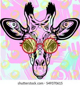 Hand draw vector illustration head of giraffe in glasses. Art for print, wear, tattoo, stickers, fashion graphic, kids wear   Animal head print for adult anti stress coloring page. 