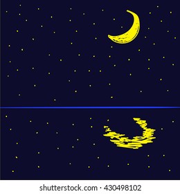 hand draw vector illustration with the moon and the reflection of the moon in the starry night 