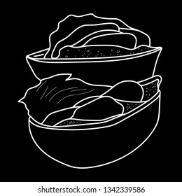 Hand draw vector illustration on black background. black and white. American hamburger, Cheeseburger.