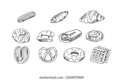 Hand draw vector illustration, set icons of bakery donut , croissant , waffle , eclair ,rolled ,bun and pretzel sketch for bakery design shop, cookbook or other design uses.