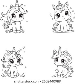 Hand draw vector illustration set of a cute Unicorn cartoon drawing for toddlers book