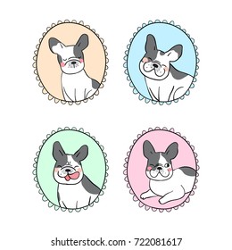 Hand draw vector illustration set vintage frame of cute french bulldog pastel color.Doodle style.